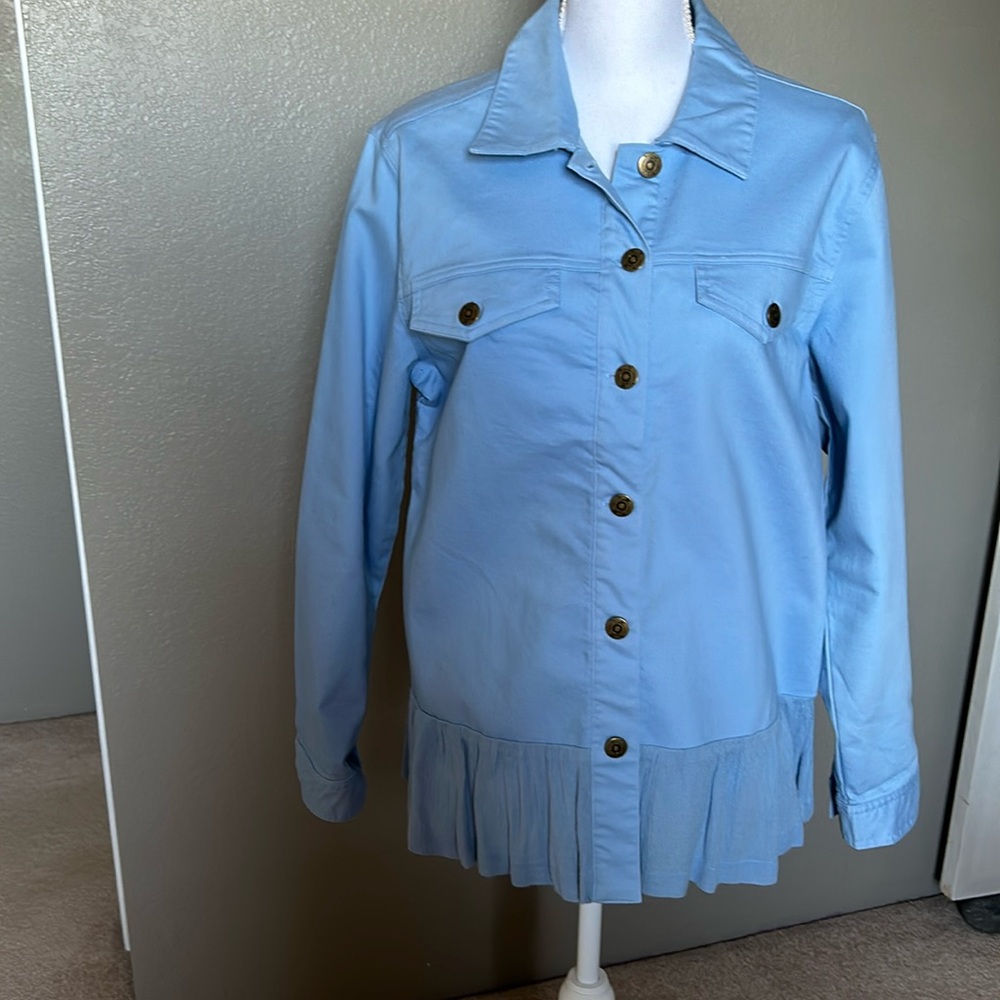 Ladies Jean jacket with contrasting peplum and lace back, size L/XL, light blue